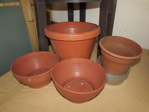 TURN YOUR PATIO INTO A RETREAT! LOADS OF PLANTERS, TWO PLANT STAND TABLES, GLOVES & MORE
