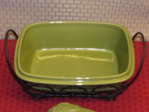 OVEN TO TABLE CASSEROLE DISH, HAND BLOWN GLASS VASE, VINTAGE RUFFLE EDGE BOWL & MORE ALL GREEN!