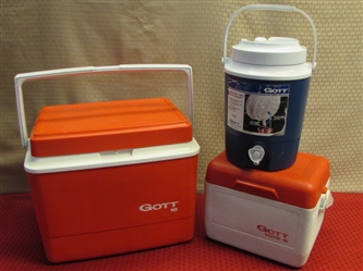 FOR LAKE, PICNIC, BALL GAME OR ???  TWO GOTT ICE CHESTS & A GOTT DRINK JUG