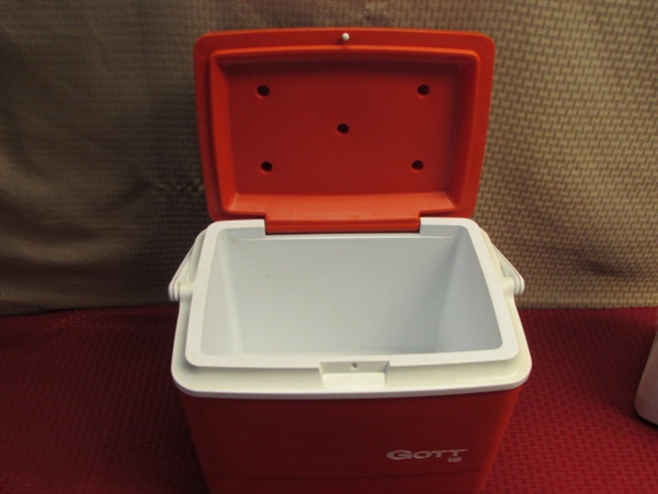 FOR LAKE, PICNIC, BALL GAME OR ???  TWO GOTT ICE CHESTS & A GOTT DRINK JUG