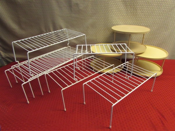 PLASTIC COATED WIRE ORGANIZING RACKS & 3 DOUBLE DECKER LAZY SUSAN'S