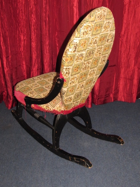 CHARMING ANTIQUE UPHOLSTERED ROCKING CHAIR