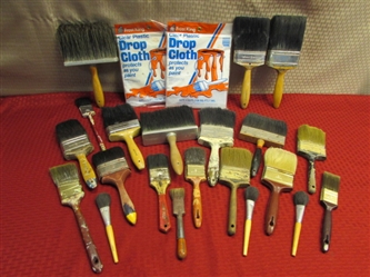 WHOA!  OVER 20 PAINTBRUSHES IN VARIOUS SIZES & TWO NEVER USED DROP CLOTHS!