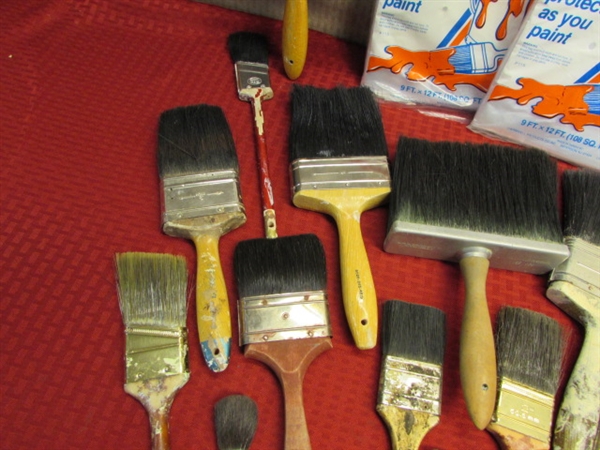 WHOA!  OVER 20 PAINTBRUSHES IN VARIOUS SIZES & TWO NEVER USED DROP CLOTHS!