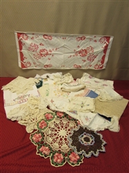 OODLES OF VINTAGE TABLE LINENS, HAND EMBROIDERED & CROSS STITCHED, ANTIQUE LACE, HAND CROCHET DOILIES & MORE