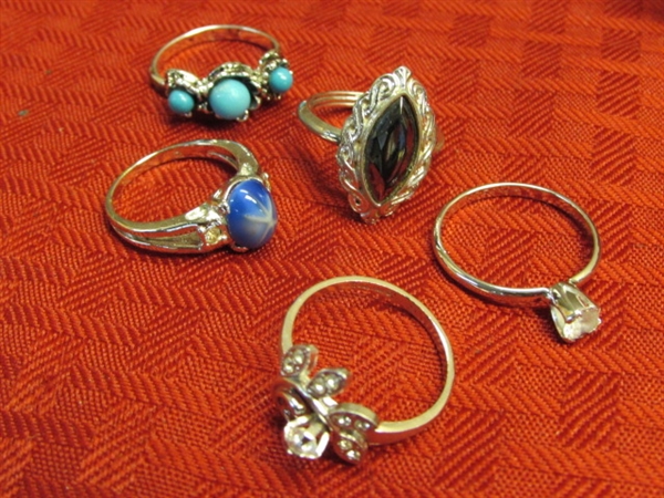 VINTAGE JEWELRY!  SPARKLING RHINESTONES, GOLD FILLED RINGS, SILVER CHILDS BRACELET & MORE