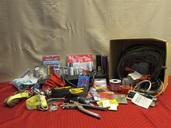 GRAB BAG OF HANDY GOODIES, LOTS OF NEW!  RATCHETING TIE DOWN STRAPS, SOLAR CELL BATTERY CHARGER, HITCH BALL & MORE