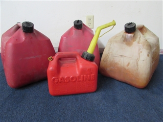 DONT LET YOUR LAWNMOWER & TOYS RUN OUT OF GAS - THREE PLASTIC 5 GAL. CANS & 1 GAL.