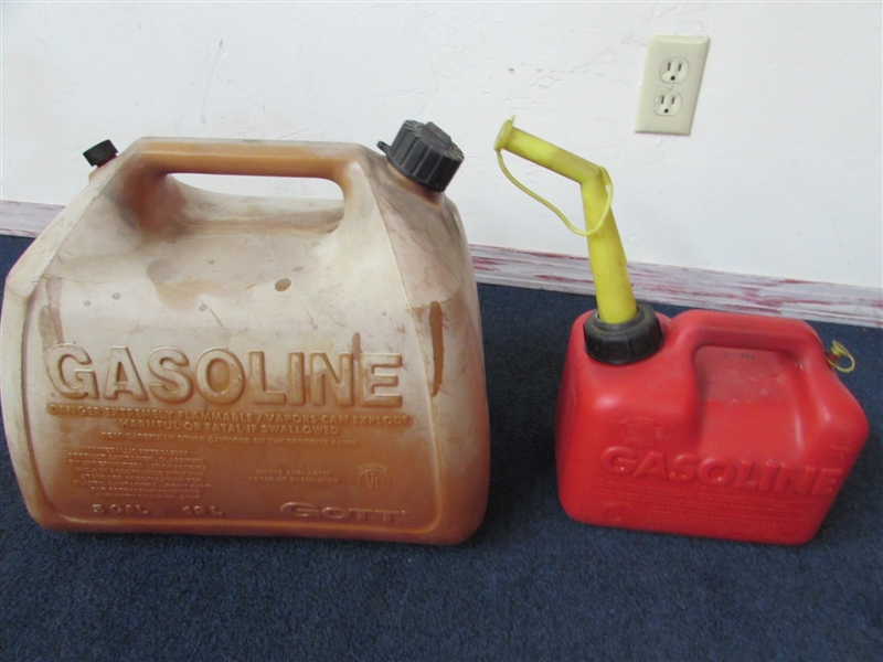 DON'T LET YOUR LAWNMOWER & TOYS RUN OUT OF GAS - THREE PLASTIC 5 GAL. CANS & 1 GAL.