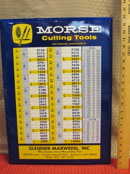 AWESOME VINTAGE, COLLECTIBLE ADVERTISING SIGN, MORSE CUTTING TOOLS DECIMAL CHART . . .
