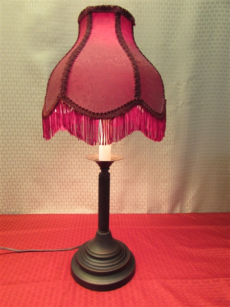 VINTAGE CANDLESTICK STYLE TABLE LAMP WITH VICTORIAN FRINGED SHADE