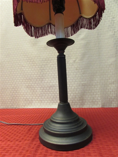 VINTAGE CANDLESTICK STYLE TABLE LAMP WITH VICTORIAN FRINGED SHADE