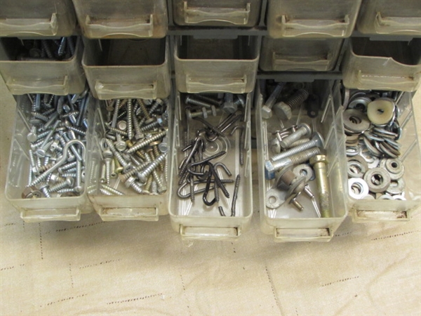 TWO HARDWARE ORGANIZERS FULL OF NUTS, BOLTS, SCREWS & OTHER SMALL HARDWARE