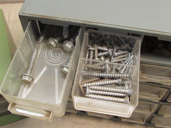 TWO HARDWARE ORGANIZERS FULL OF NUTS, BOLTS, SCREWS & OTHER SMALL HARDWARE