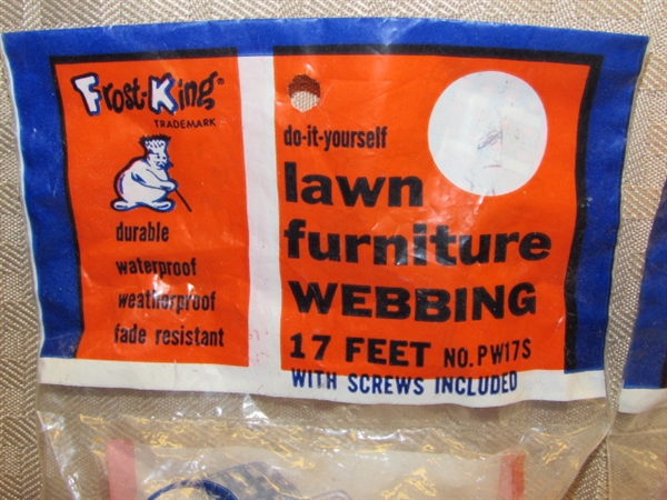 NEVER USED WEATHERPROOF LAWN FURNITURE WEBBING!  FOUR PACKS OF 17' EACH & A LARGE ROLL