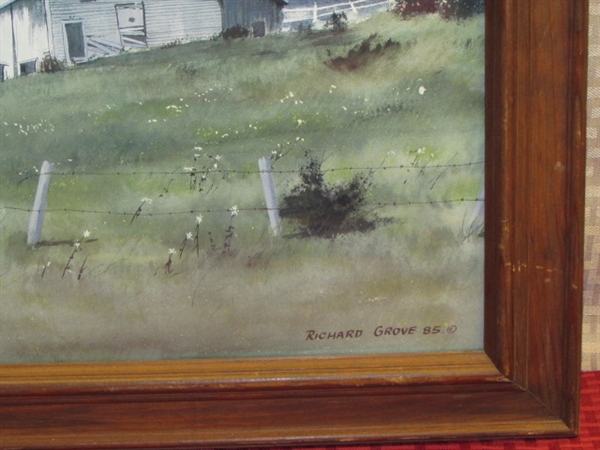 CHARMING WATERCOLOR PRINT IN WOOD FRAME - AN OLD BARN IN A MEADOW
