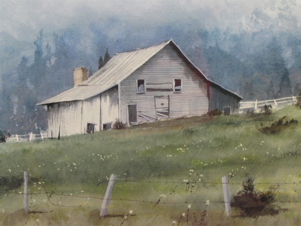 CHARMING WATERCOLOR PRINT IN WOOD FRAME - AN OLD BARN IN A MEADOW
