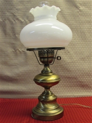 SIMPLY ELEGANT ANTIQUE BRASS FINISH PARLOR LAMP WITH RUFFLE MILK GLASS SHADE