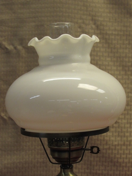 SIMPLY ELEGANT ANTIQUE BRASS FINISH PARLOR LAMP WITH RUFFLE MILK GLASS SHADE