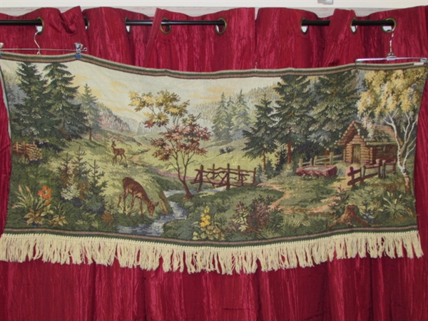 LARGE WALL TAPESTRY W/FRINGED EDGE-LOG CABIN IN THE WOODS