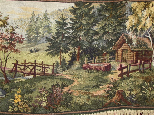 LARGE WALL TAPESTRY W/FRINGED EDGE-LOG CABIN IN THE WOODS