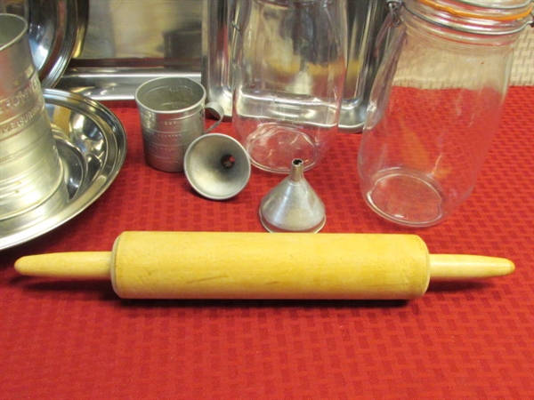  VINTAGE BROMWELLS SIFTER, TIN COOKIE CUTTERS, ROLLING PIN, GLASS CANISTERS & MORE