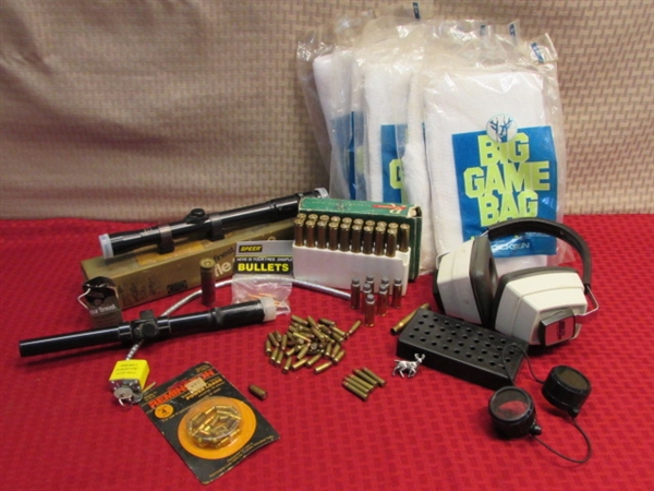 ATTENTION HUNTERS!  WESTERN FIELD RIFLE SCOPE, ASSORTED AMMO, BIG GAME BAGS & MORE