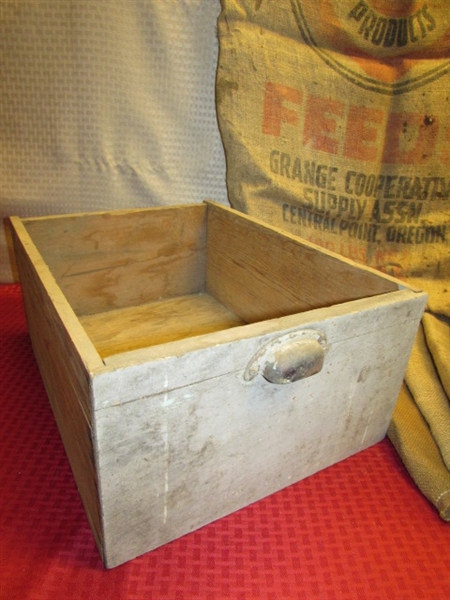 RUSTIC WOOD DRAWER WITH 7 BURLAP SACKS-INCLUDES GRANGE COOP SACK FROM CENTRAL POINT OR.