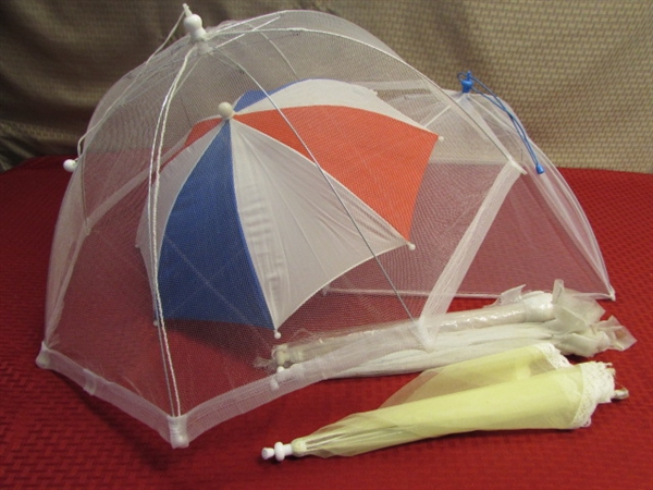 PROTECT YOUR PICNIC!  FIVE HANDY MESH FOOD COVERS & AN UMBRELLA