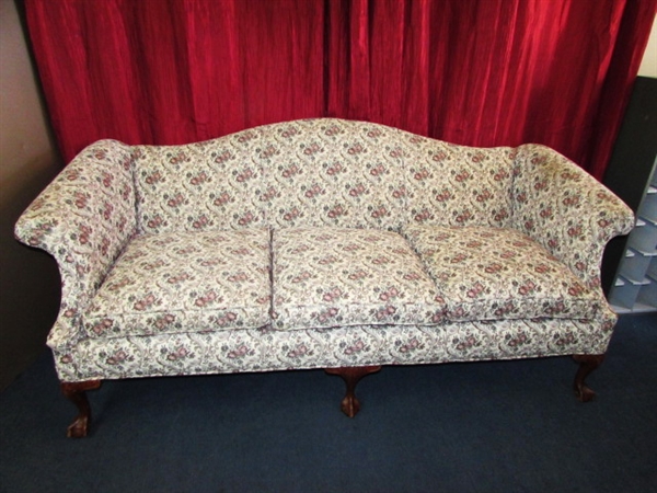 ELEGANT ANTIQUE SOFA WITH CARVED BALL & CLAW FEET