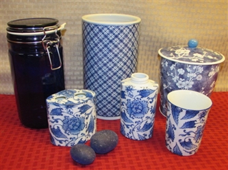 TRANQUIL BLUE DECOR!  COBALT GLASS CANISTER, TOOTHBRUSH HOLDER, CUP & MORE