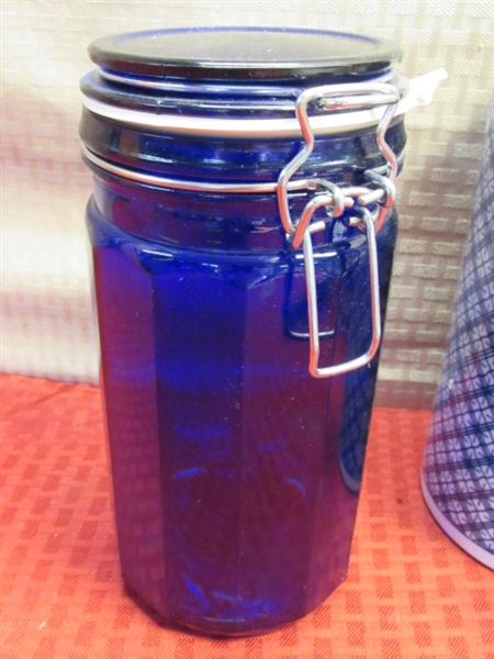 TRANQUIL BLUE DECOR!  COBALT GLASS CANISTER, TOOTHBRUSH HOLDER, CUP & MORE