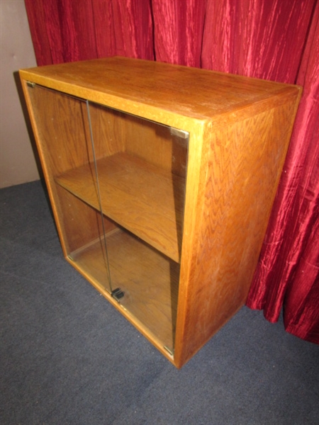 OAK INSERT WITH GLASS DOORS FITS INSIDE SHELVING UNITS IN PREVIOUS LOTS
