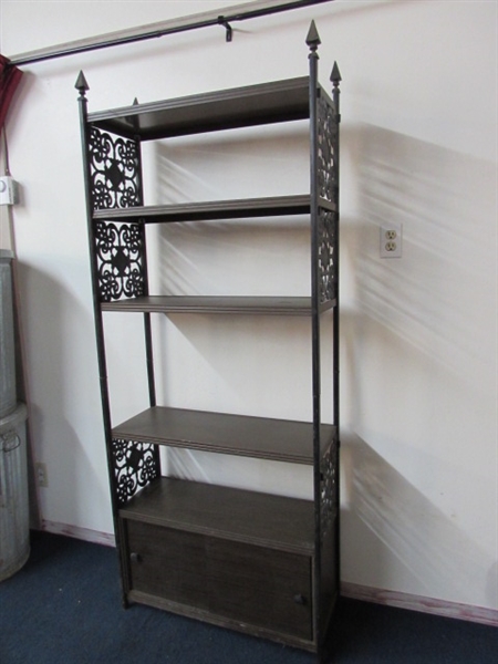 FIVE SHELF UNIT WITH CABINET STORAGE AT THE BOTTOM