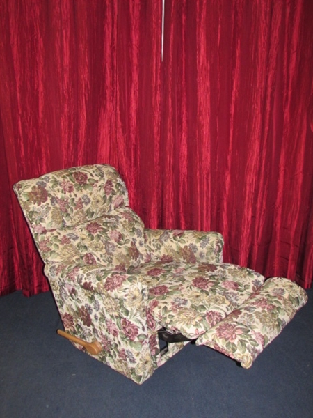 LOVELY LAZY BOY WALL HUGGER RECLINER WITH FLORAL TAPESTRY UPHOLSTERY