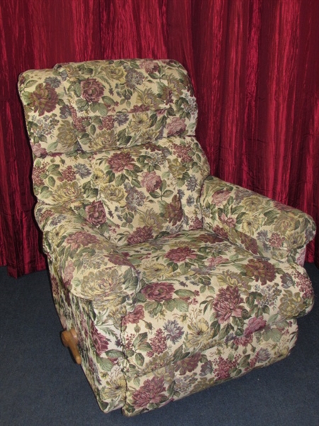 LOVELY LAZY BOY WALL HUGGER RECLINER WITH FLORAL TAPESTRY UPHOLSTERY