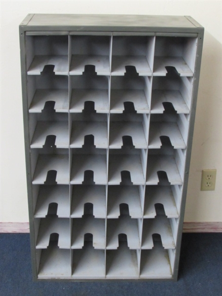 STURDY METAL SHELVING UNIT WITH LOTS OF CUBBIES AND PANS FOR SORTING HARDWARE OR CRAFT SUPPLIES