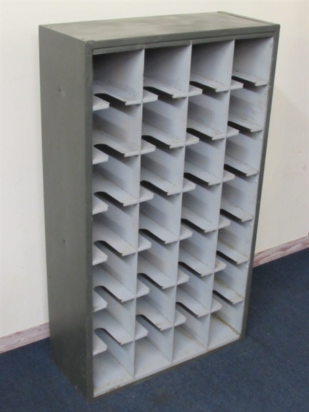 STURDY METAL SHELVING UNIT WITH LOTS OF CUBBIES AND PANS FOR SORTING HARDWARE OR CRAFT SUPPLIES