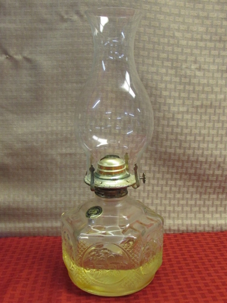 TWO PRETTY GLASS HURRICANE LAMPS & LAMP OIL