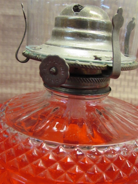 TWO PRETTY GLASS HURRICANE LAMPS & LAMP OIL
