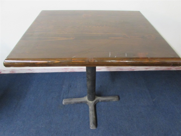 LACQUER TOP WOOD TABLE WITH HEAVY IRON BASE