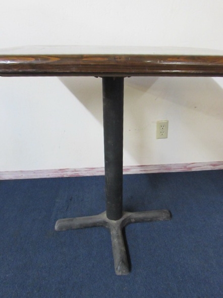 LACQUER TOP WOOD TABLE WITH HEAVY IRON BASE