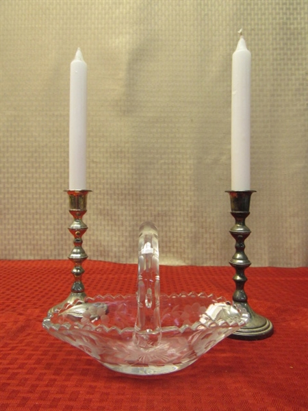 GORGEOUS CUT LEADED CRYSTAL BASKET & TWO SILVER PLATE CANDLESTICKS