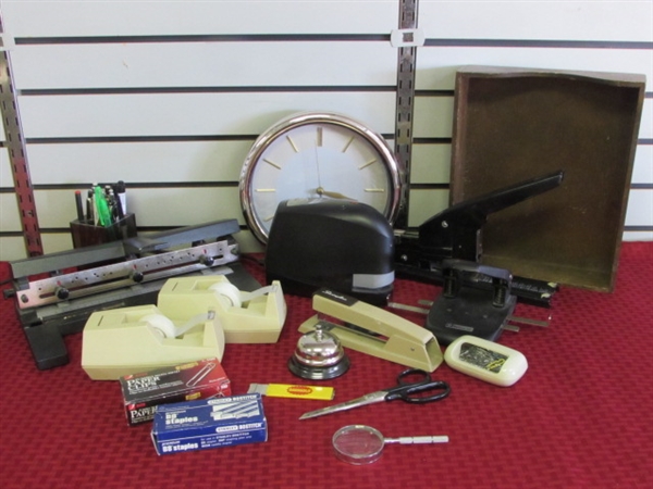 OUTSTANDING OFFICE LOT!  INDUSTRIAL STAPLER & HOLE PUNCH, ELECTRIC STAPLER, TAPE DISPENSERS . . .