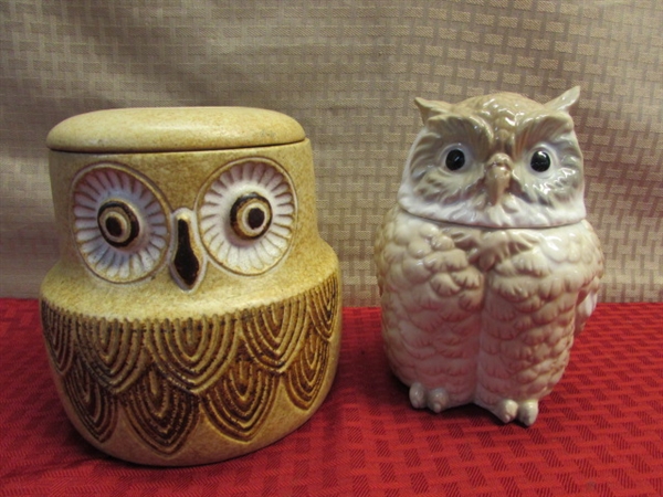TWO OWL CANISTERS USA POTTERY FOLK ART & REALISTIC GLAZED CERAMIC