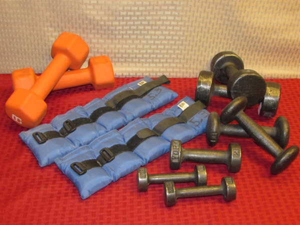 GET LEAN & MEAN!  SEVEN SETS OF DUMBBELLS & A PAIR OF LEG WEIGHTS