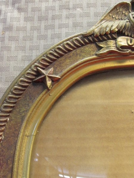 ANTIQUE CIVIL WAR ERA OVAL FRAME W EAGLE, STARS & FLAGS, CONVEX GLASS AS SEEN ON PICKERS