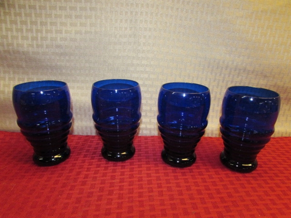 COLLECTIBLE DELFTS BLUE CREAMER & SUGAR BOWL & FOUR GORGEOUS COBALT DRINKING GLASSES