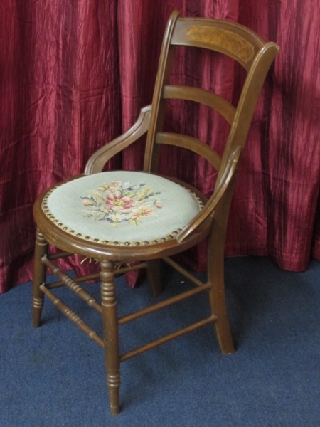 BEAUTIFUL ANTIQUE LADDER BACK CHAIR WITH NEEDLEPOINT CUSHION