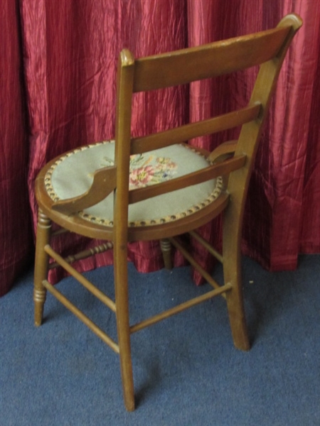 BEAUTIFUL ANTIQUE LADDER BACK CHAIR WITH NEEDLEPOINT CUSHION
